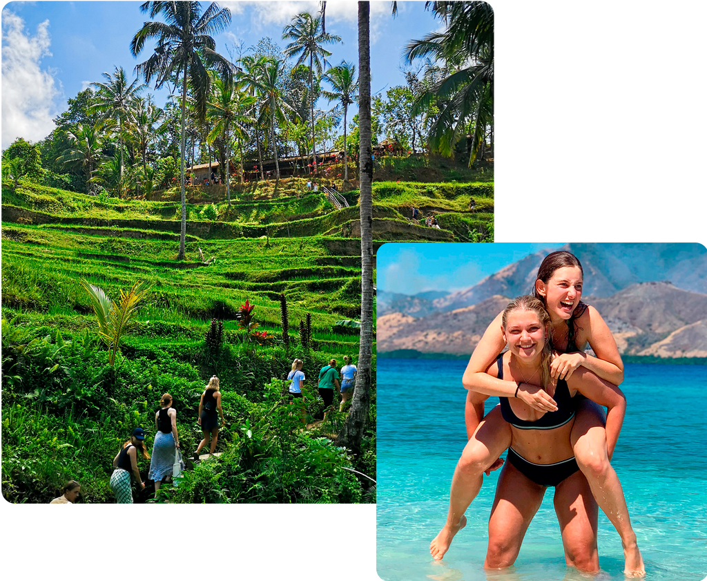 Two pictures, one where a man is taking a selfie while surfing and one where a man is meditating infront of a waterfall